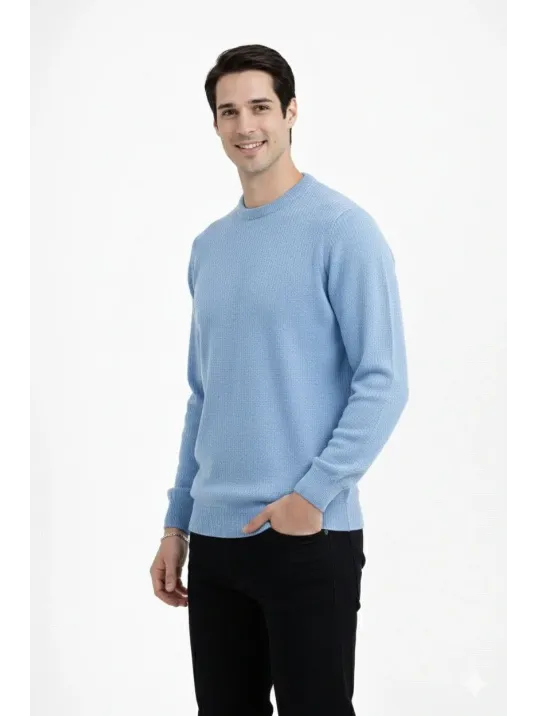 Erkek Bisiklet Yaka Triko Kazak Yumuşak Dokulu Pamuklu İnce Dokuma, Uzun Kollu Rahat Regular Kalıp - Açık Mavi