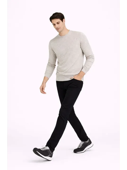 Erkek Bisiklet Yaka Triko Kazak Yumuşak Dokulu Pamuklu İnce Dokuma, Uzun Kollu Rahat Regular Kalıp - Bej