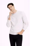 Erkek Bisiklet Yaka Triko Kazak Yumuşak Dokulu Pamuklu İnce Dokuma, Uzun Kollu Rahat Regular Kalıp - Beyaz