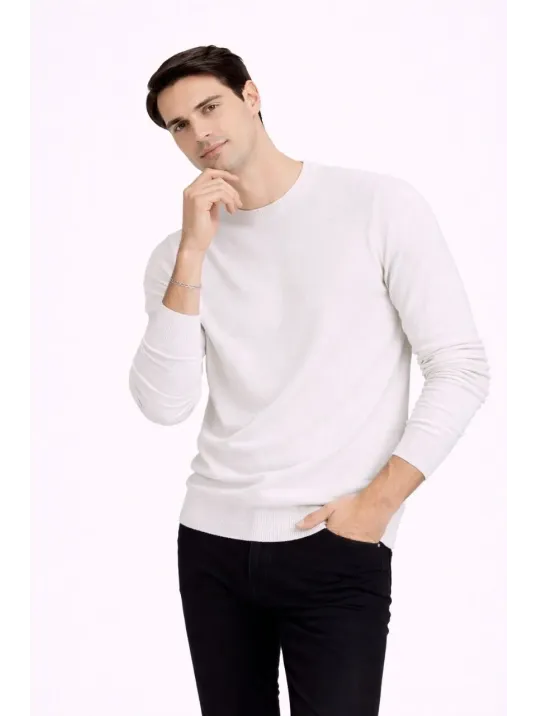 Erkek Bisiklet Yaka Triko Kazak Yumuşak Dokulu Pamuklu İnce Dokuma, Uzun Kollu Rahat Regular Kalıp - Beyaz