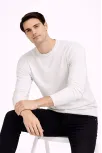 Erkek Bisiklet Yaka Triko Kazak Yumuşak Dokulu Pamuklu İnce Dokuma, Uzun Kollu Rahat Regular Kalıp - Beyaz
