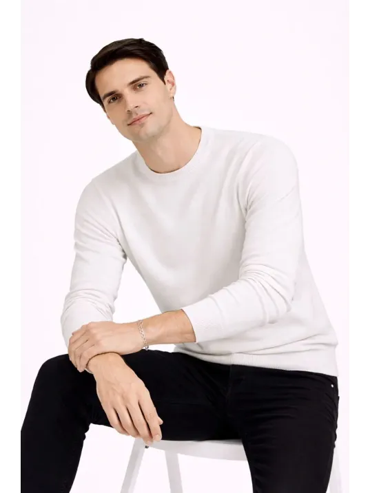 Erkek Bisiklet Yaka Triko Kazak Yumuşak Dokulu Pamuklu İnce Dokuma, Uzun Kollu Rahat Regular Kalıp - Beyaz