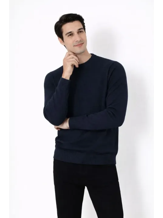 Erkek Bisiklet Yaka Triko Kazak Yumuşak Dokulu Pamuklu İnce Dokuma, Uzun Kollu Rahat Regular Kalıp - Lacivert