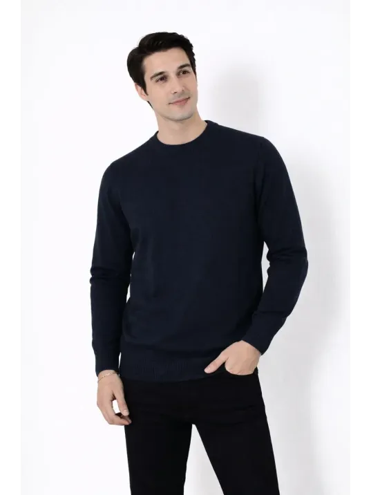 Erkek Bisiklet Yaka Triko Kazak Yumuşak Dokulu Pamuklu İnce Dokuma, Uzun Kollu Rahat Regular Kalıp - Lacivert