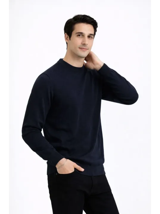 Erkek Bisiklet Yaka Triko Kazak Yumuşak Dokulu Pamuklu İnce Dokuma, Uzun Kollu Rahat Regular Kalıp - Lacivert