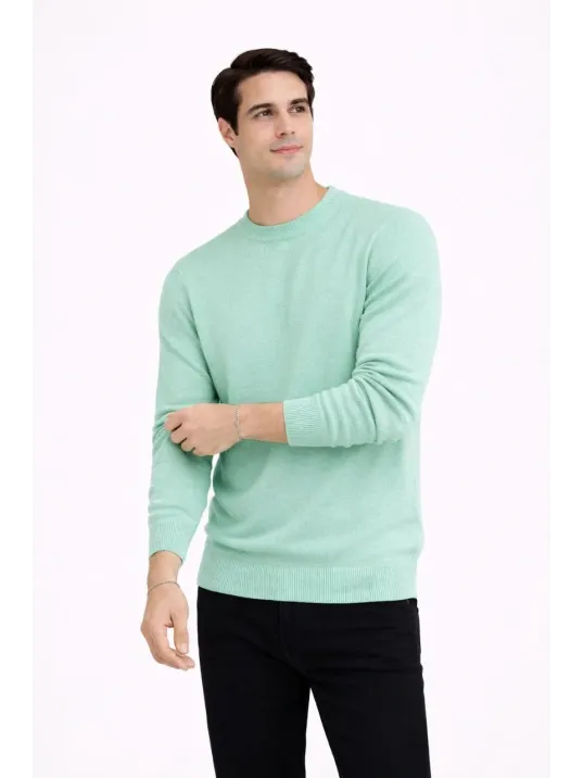 Erkek Bisiklet Yaka Triko Kazak Yumuşak Dokulu Pamuklu İnce Dokuma, Uzun Kollu Rahat Regular Kalıp - Mint Yeşili