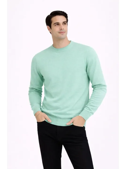 Erkek Bisiklet Yaka Triko Kazak Yumuşak Dokulu Pamuklu İnce Dokuma, Uzun Kollu Rahat Regular Kalıp - Mint Yeşili