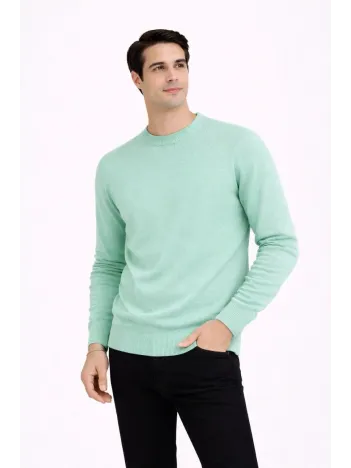Erkek Bisiklet Yaka Triko Kazak Yumuşak Dokulu Pamuklu İnce Dokuma, Uzun Kollu Rahat Regular Kalıp - Mint Yeşili