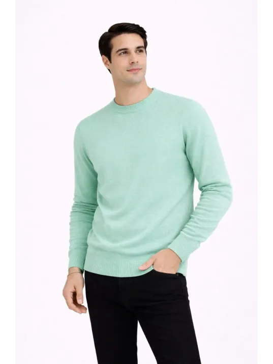 Erkek Bisiklet Yaka Triko Kazak Yumuşak Dokulu Pamuklu İnce Dokuma, Uzun Kollu Rahat Regular Kalıp - Mint Yeşili