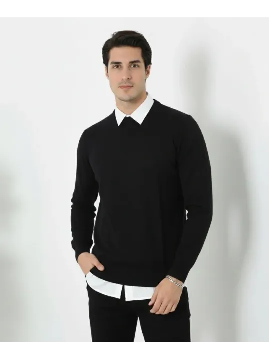 Erkek Bisiklet Yaka Triko Kazak Yumuşak Dokulu Pamuklu İnce Dokuma, Uzun Kollu Rahat Regular Kalıp - Siyah