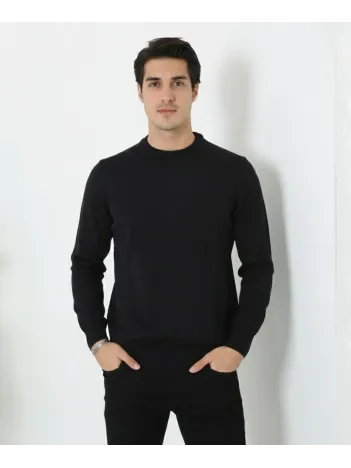 Erkek Bisiklet Yaka Triko Kazak Yumuşak Dokulu Pamuklu İnce Dokuma, Uzun Kollu Rahat Regular Kalıp - Siyah