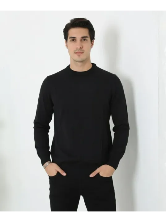 Erkek Bisiklet Yaka Triko Kazak Yumuşak Dokulu Pamuklu İnce Dokuma, Uzun Kollu Rahat Regular Kalıp - Siyah