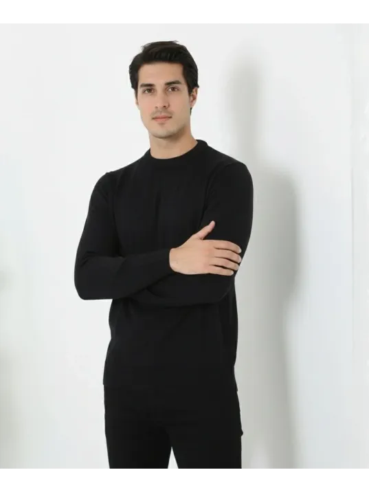 Erkek Bisiklet Yaka Triko Kazak Yumuşak Dokulu Pamuklu İnce Dokuma, Uzun Kollu Rahat Regular Kalıp - Siyah