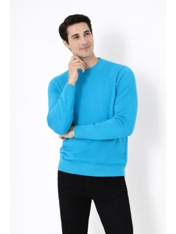 Erkek Bisiklet Yaka Triko Kazak Yumuşak Dokulu Pamuklu İnce Dokuma, Uzun Kollu Rahat Regular Kalıp - Mavi