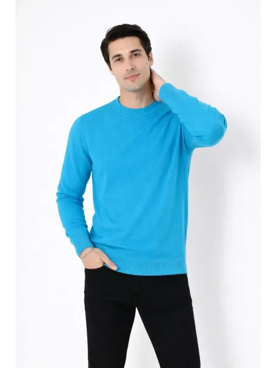 Erkek Bisiklet Yaka Triko Kazak Yumuşak Dokulu Pamuklu İnce Dokuma, Uzun Kollu Rahat Regular Kalıp - Mavi