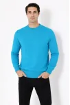 Erkek Bisiklet Yaka Triko Kazak Yumuşak Dokulu Pamuklu İnce Dokuma, Uzun Kollu Rahat Regular Kalıp - Mavi
