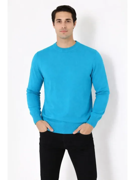 Erkek Bisiklet Yaka Triko Kazak Yumuşak Dokulu Pamuklu İnce Dokuma, Uzun Kollu Rahat Regular Kalıp - Mavi