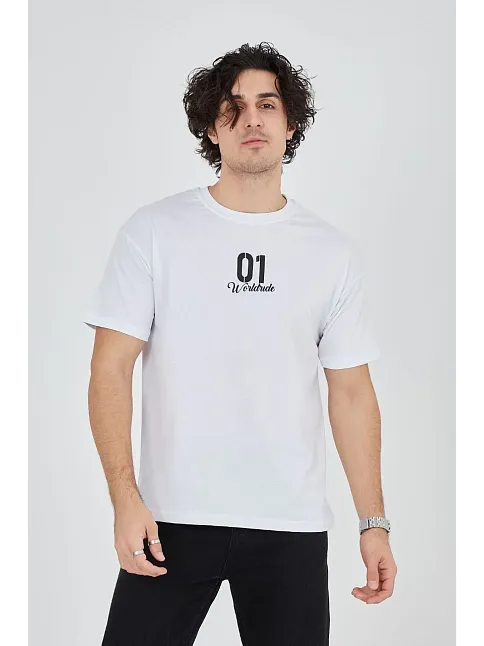 Erkek Baskılı T-shirt Kısa Kol Bisiklet Yaka Regular Fit Rahat Kalıp Günlük Tişört - Beyaz
