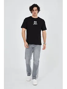 Erkek Baskılı T-shirt Kısa Kol Bisiklet Yaka Regular Fit Rahat Kalıp Günlük Tişört - Siyah