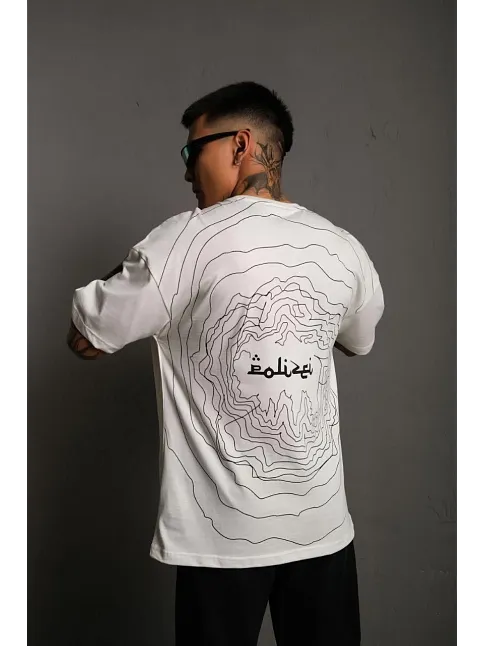 Erkek Bisiklet Yakalı Sırt Baskılı Oversize T-shirt - Beyaz