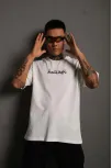 Erkek Bisiklet Yakalı Sırt Baskılı Oversize T-shirt - Beyaz