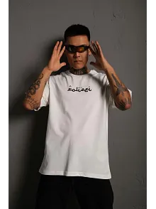 Erkek Bisiklet Yakalı Sırt Baskılı Oversize T-shirt - Beyaz