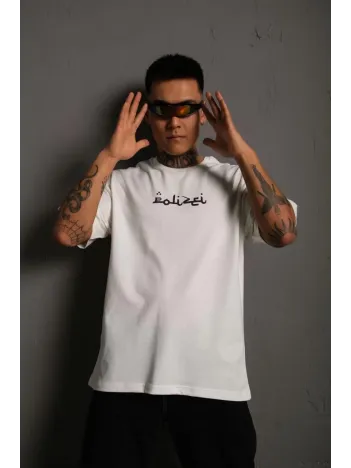 Erkek Bisiklet Yakalı Sırt Baskılı Oversize T-Shirt - Beyaz