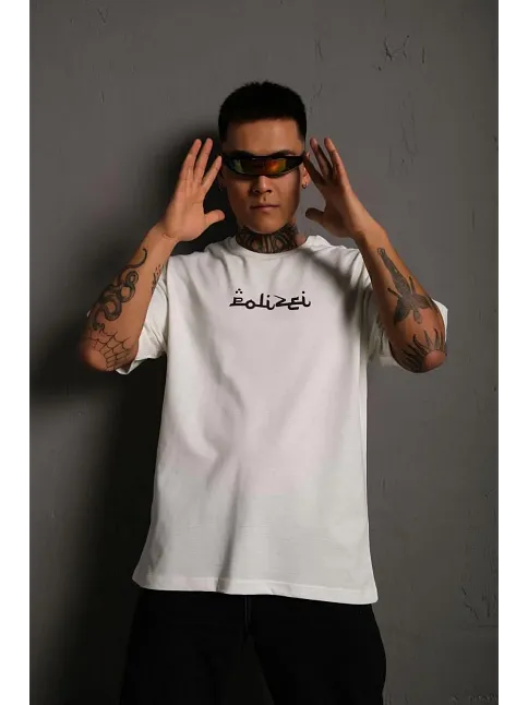 Erkek Bisiklet Yakalı Sırt Baskılı Oversize T-shirt - Beyaz