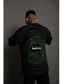 Erkek Bisiklet Yakalı Sırt Baskılı Oversize T-shirt - Siyah