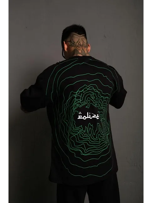 Erkek Bisiklet Yakalı Sırt Baskılı Oversize T-shirt - Siyah