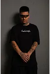 Erkek Bisiklet Yakalı Sırt Baskılı Oversize T-shirt - Siyah