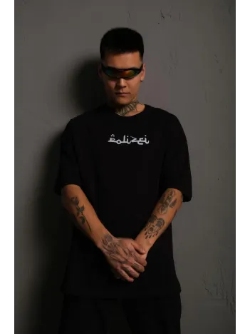 Erkek Bisiklet Yakalı Sırt Baskılı Oversize T-Shirt - Siyah