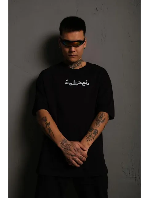 Erkek Bisiklet Yakalı Sırt Baskılı Oversize T-shirt - Siyah