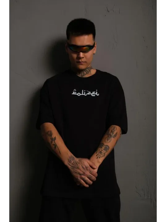 Erkek Bisiklet Yakalı Sırt Baskılı Oversize T-Shirt - Siyah Erkek Bisiklet Yakalı Sırt Baskılı Oversize T-Shirt - Siyah