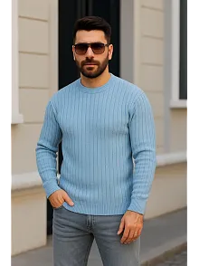 Erkek Bisiklet Yuvarlak Yaka Triko Kazak Pamuklu Kalın Fitilli Dokuma, Regular Fit Uzun Kollu Kışlık Model - Bebe Mavisi