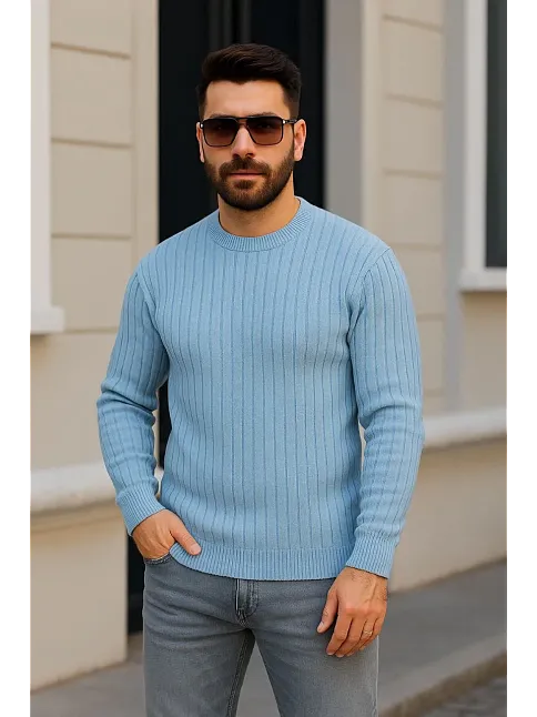 Erkek Bisiklet Yuvarlak Yaka Triko Kazak Pamuklu Kalın Fitilli Dokuma, Regular Fit Uzun Kollu Kışlık Model - Bebe Mavisi