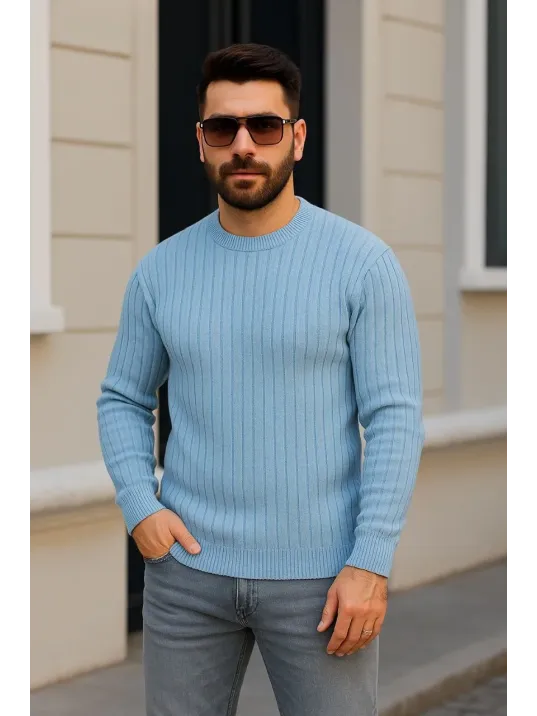 Erkek Bisiklet Yuvarlak Yaka Triko Kazak Pamuklu Kalın Fitilli Dokuma, Regular Fit Uzun Kollu Kışlık Model - Bebe Mavisi Erkek Bisiklet Yuvarlak Yaka Triko Kazak Pamuklu Kalın Fitilli Dokuma, Regular Fit Uzun Kollu Kışlık Model - Bebe Mavisi