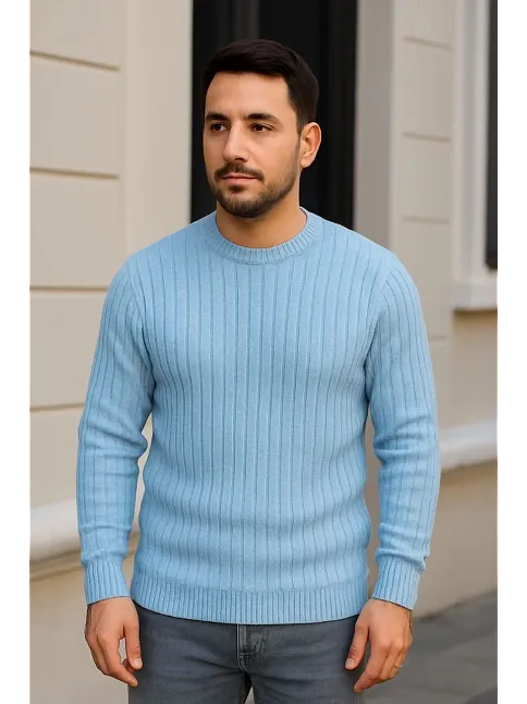 Erkek Bisiklet Yuvarlak Yaka Triko Kazak Pamuklu Kalın Fitilli Dokuma, Regular Fit Uzun Kollu Kışlık Model - Bebe Mavisi