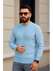 Erkek Bisiklet Yuvarlak Yaka Triko Kazak Pamuklu Kalın Fitilli Dokuma, Regular Fit Uzun Kollu Kışlık Model - Bebe Mavisi