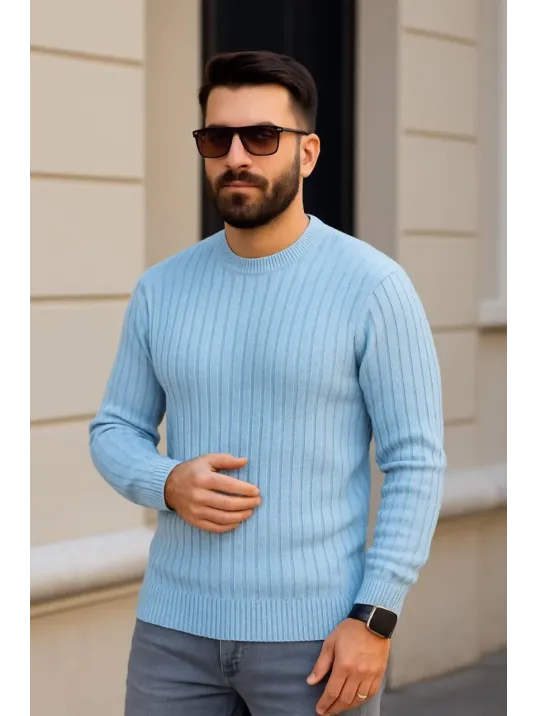 Erkek Bisiklet Yuvarlak Yaka Triko Kazak Pamuklu Kalın Fitilli Dokuma, Regular Fit Uzun Kollu Kışlık Model - Bebe Mavisi Erkek Bisiklet Yuvarlak Yaka Triko Kazak Pamuklu Kalın Fitilli Dokuma, Regular Fit Uzun Kollu Kışlık Model - Bebe Mavisi