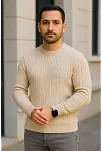 Erkek Bisiklet Yuvarlak Yaka Triko Kazak Pamuklu Kalın Fitilli Dokuma, Regular Fit Uzun Kollu Kışlık Model - Bej