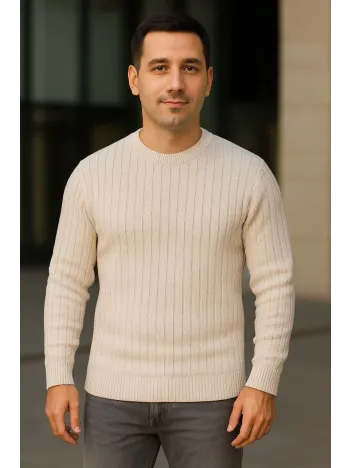 Erkek Bisiklet Yuvarlak Yaka Triko Kazak Pamuklu Kalın Fitilli Dokuma, Regular Fit Uzun Kollu Kışlık Model - Bej Erkek Bisiklet Yuvarlak Yaka Triko Kazak Pamuklu Kalın Fitilli Dokuma, Regular Fit Uzun Kollu Kışlık Model - Bej