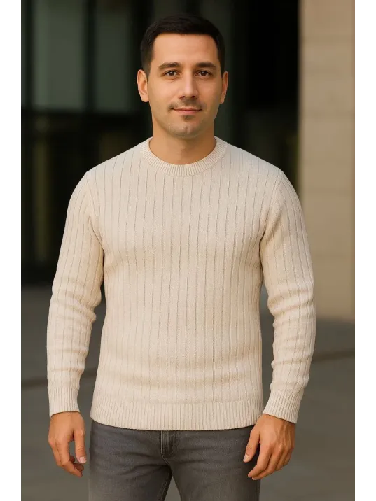 Erkek Bisiklet Yuvarlak Yaka Triko Kazak Pamuklu Kalın Fitilli Dokuma, Regular Fit Uzun Kollu Kışlık Model - Bej Erkek Bisiklet Yuvarlak Yaka Triko Kazak Pamuklu Kalın Fitilli Dokuma, Regular Fit Uzun Kollu Kışlık Model - Bej