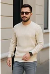 Erkek Bisiklet Yuvarlak Yaka Triko Kazak Pamuklu Kalın Fitilli Dokuma, Regular Fit Uzun Kollu Kışlık Model - Bej
