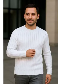 Erkek Bisiklet Yuvarlak Yaka Triko Kazak Pamuklu Kalın Fitilli Dokuma, Regular Fit Uzun Kollu Kışlık Model - Beyaz