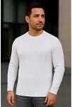 Erkek Bisiklet Yuvarlak Yaka Triko Kazak Pamuklu Kalın Fitilli Dokuma, Regular Fit Uzun Kollu Kışlık Model - Beyaz