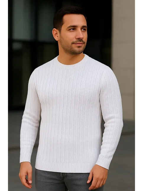 Erkek Bisiklet Yuvarlak Yaka Triko Kazak Pamuklu Kalın Fitilli Dokuma, Regular Fit Uzun Kollu Kışlık Model - Beyaz
