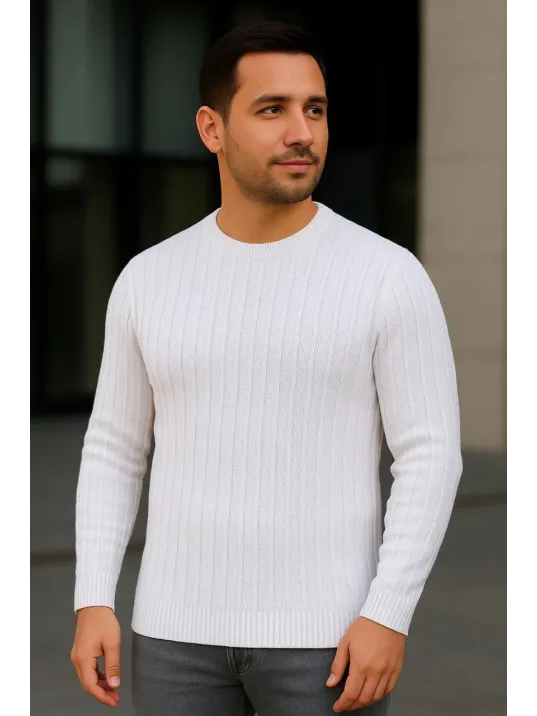 Erkek Bisiklet Yuvarlak Yaka Triko Kazak Pamuklu Kalın Fitilli Dokuma, Regular Fit Uzun Kollu Kışlık Model - Beyaz Erkek Bisiklet Yuvarlak Yaka Triko Kazak Pamuklu Kalın Fitilli Dokuma, Regular Fit Uzun Kollu Kışlık Model - Beyaz