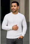 Erkek Bisiklet Yuvarlak Yaka Triko Kazak Pamuklu Kalın Fitilli Dokuma, Regular Fit Uzun Kollu Kışlık Model - Beyaz