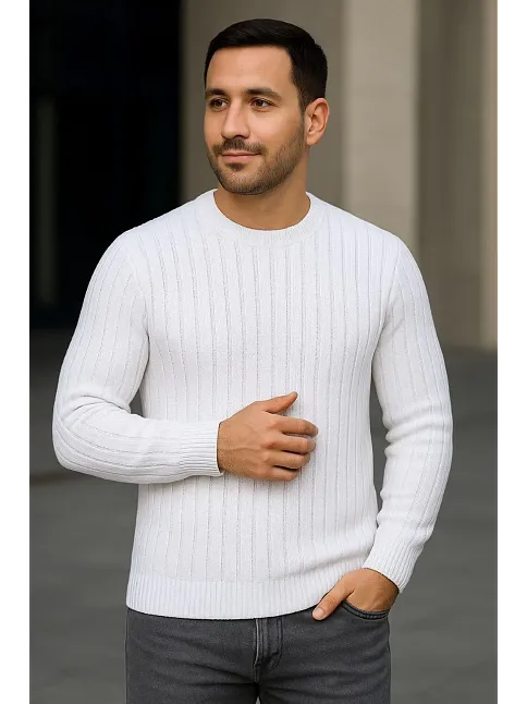 Erkek Bisiklet Yuvarlak Yaka Triko Kazak Pamuklu Kalın Fitilli Dokuma, Regular Fit Uzun Kollu Kışlık Model - Beyaz